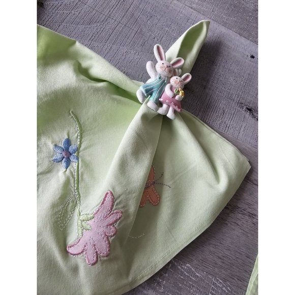 Vtg EASTER Spring Cloth Napkins & Rings Bunny Flower Set Of 3 Square 20" 1990s - Picture 3 of 15